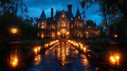 Naklejka premium A haunted mansion with a flickering candlelit pathway leading to the entrance .
