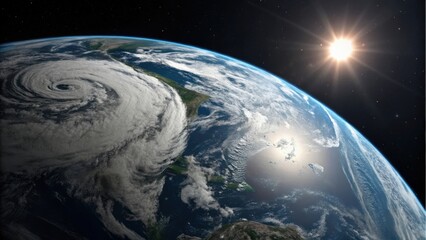 Hurricane over earth with the sun shining brightly in space