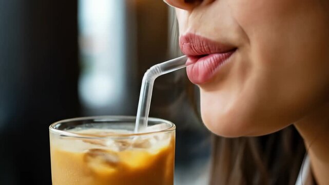 Smiling Woman Sipping Iced Coffee with Glass Straw in Cafe. International Coffee Day