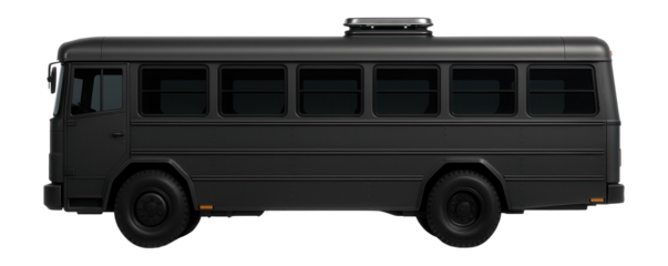Armored bus with tinted windows and rooftop escape hatch