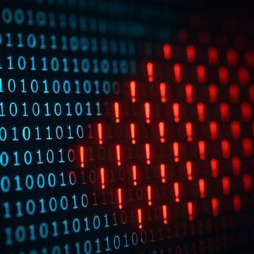 Binary code with red warning symbols