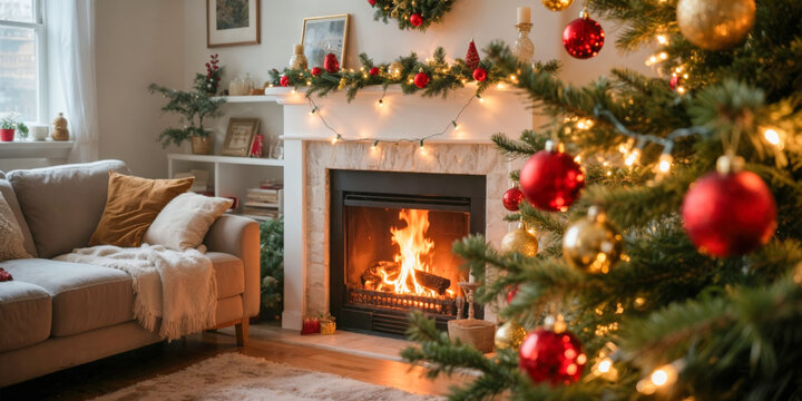 Cozy living room with christmas tree and fireplace decorated for the holidays, Christmas and New Year celebration - Powered by Adobe