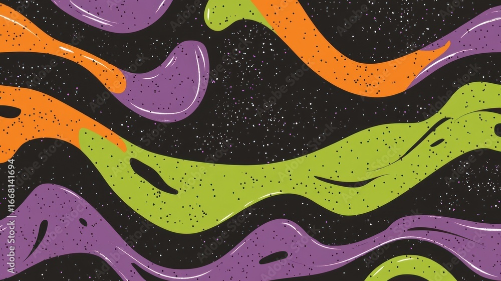 Poster whimsical vector pattern featuring colorful, flowing shapes against a starry backdrop