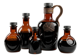 Five dark amber hand-blown glass bottles with inky black liquid & corroded pewter caps, one with a worn leather handle, isolated on transparent background, mysterious alchemical artifacts concept