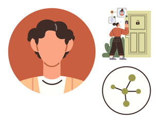 Persons profile icon, woman tapping a smart intercom for secure access, diagram of connected nodes. Ideal for security, smart tech, networking, identity verification, IoT privacy simplicity. A