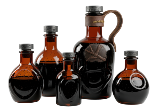 Five dark amber hand-blown glass bottles with inky black liquid & corroded pewter caps, one with a worn leather handle, isolated on transparent background, mysterious alchemical artifacts concept