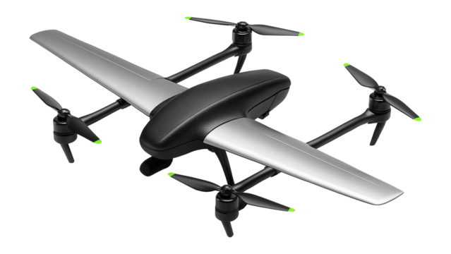 Hybrid drone with both fixed wings and quadcopter rotors for versatility