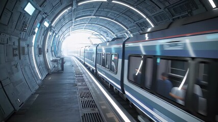 A futuristic train entering a brightly lit tunnel. - Powered by Adobe
