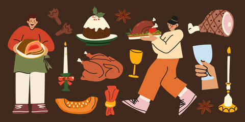 Happy Thanksgiving elements set in retro groovy cartoon style. Traditional roast turkey, cake, spices, candles, characters. Happy family autumn holiday. Harvest season stickers collection