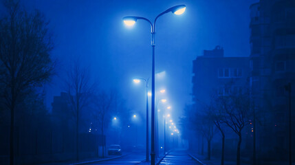 Modern street LED lighting pole. Urban electro-energy technologies. A row of street lights against the night sky