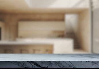 Empty marble top table with blurred kitchen interior Background. for product display.