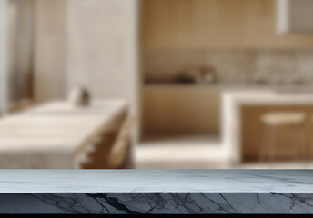 Empty marble top table with blurred kitchen interior Background. for product display.