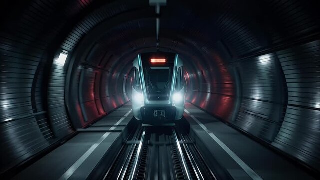 A futuristic train illuminated in a dark tunnel with vibrant lighting.