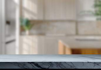 Obraz premium Empty marble top table with blurred kitchen interior Background. for product display.