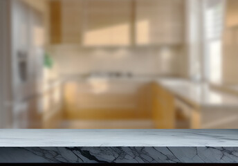 Empty marble top table with blurred kitchen interior Background. for product display.