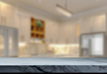 Empty marble top table with blurred kitchen interior Background. for product display.