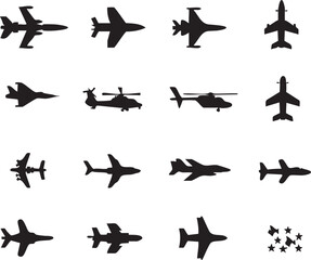 Airplane and helicopter vector silhouettes: aircraft graphics, aviation clip art eps