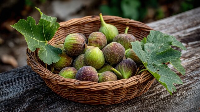 Fresh figs in a woven basket with leaves on rustic wooden table ,National Fig Week