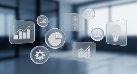 Digital interface with business analytics icons floating in a modern office
