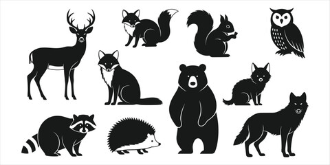 Collection of Black Silhouette Forest Animals on White Background deer squirrel