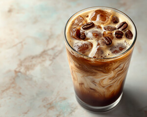 Iced coffee with creamy swirls and coffee beans on top in clear glass on marble surface, refreshing and rich beverage perfect for warm days