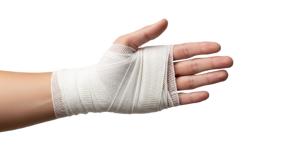 Hand with bandage on white transparent background, PNG