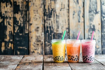 Close-up of bubble tea with tapioca pearls, standing against textured wooden backdrop with ample copy space, evoking relaxed and refreshing atmosphere