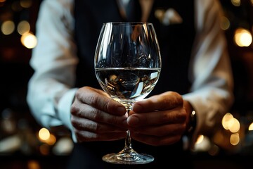 Sophisticated image featuring careful hands of sommelier offering vintage alcohol, set in timeless, classic restaurant interior