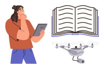 Person thinking while holding a tablet, opened book symbolizing knowledge, flying drone symbolizing modern technology. Ideal for education, innovation, research, creativity, technology, future