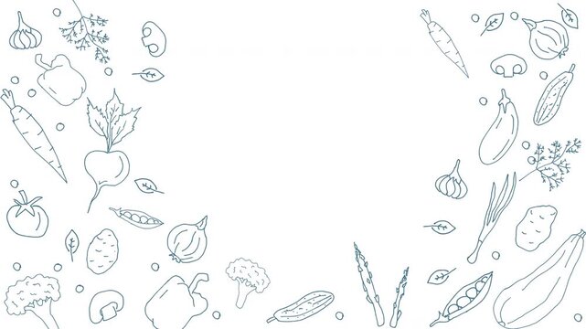 Animated frame of drawn flat vegetable icons on a white background with space for text. Food background, vegetables seamless pattern. Healthy eating. Looped.