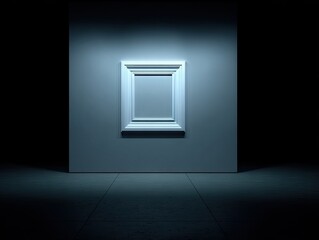 A white framed picture is highlighted by a spotlight in a dimly lit gallery space.