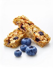 Two blueberry cereal bars with fresh blueberries on white background