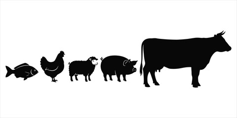 Farm Animal Silhouettes Including Fish Chicken Sheep Pig and Cow livestock domestic
