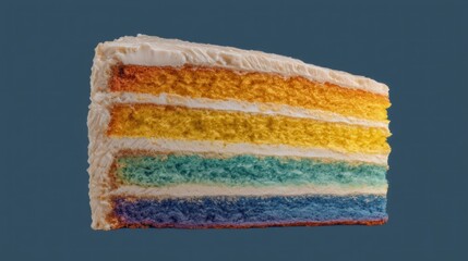 Fototapeta premium Colorful layered cake slice with smooth white frosting and textured layers