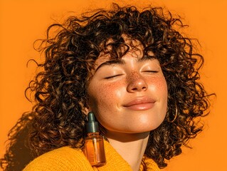 Beautiful woman with curly hair and freckles is smiling while modeling oil serum in bright sunlight setting.