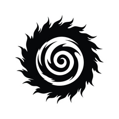 Abstract black and white spiral with flame like outer edges design, fire swirl icon illustration silhouette