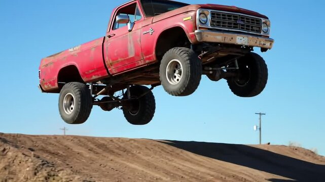 Red pickup truck jumping high off dirt ramp extreme off roading blue sky high quality professional