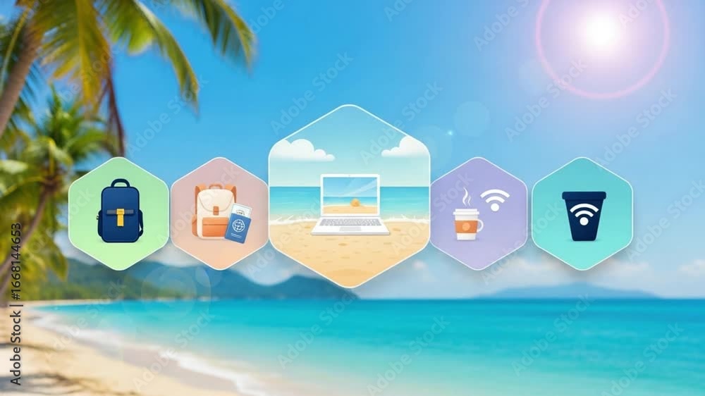 Poster digital nomad lifestyle concept with beach background and travel icons in hexagonal frames view