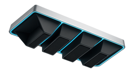 Overhead speaker array with angled acoustic panels for clear audio output