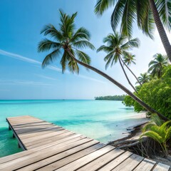 Tropical Seascape With Wooden Plank And Palm Trees O The Turquoise Ocean - Sumer Holiday Background