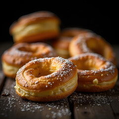 Close up of several ring donuts with powdered sugar on wood table