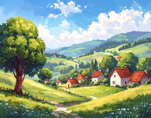 Tranquil Rural Countryside Art in Soft Pastel Colors, Beautiful Village Scene with Cottages, Trees, and Clouds, Perfect Idyllic Illustration for Artistic, Decorative, and Design Use.