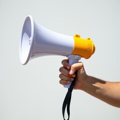 Megaphone: A powerful, modern megaphone is held firmly in hand, ready to project a message. It's a symbol of communication and announcing.