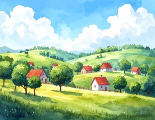 Dreamy Pastel Style Artwork Featuring Peaceful Rural Scenery, Lush Round Trees and Clear Blue Sky, Storybook Inspired Digital Painting of Idyllic Nature Scene, Minimal and Charming Pastoral Artwork fo