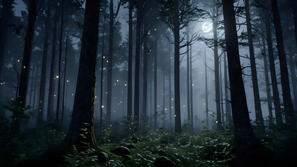 Fototapeta premium forest in the fog at mid night