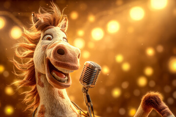 Horse sings into the microphone copy space 