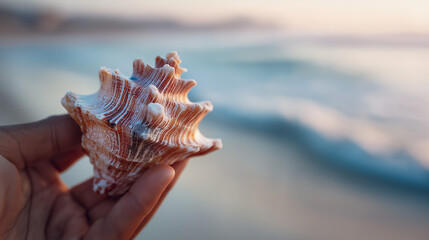 close-up of hand holding seashell with ocean in background, soft aesthetic focus