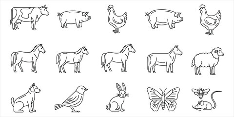 Line art icons of farm animals and pets on white background illustration © rayhan039
