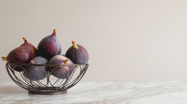 Fresh figs in decorative wire basket on marble table - minimalist kitchen decor ,National Fig Week