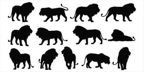 Multiple Black Lion Silhouettes in Different Poses on a White Background big cat feline